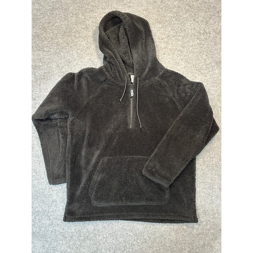 PINK Victoria's Secret Teddy‎ Fleece Hoodie Large Charcoal Grey Half-Zip Sherpa